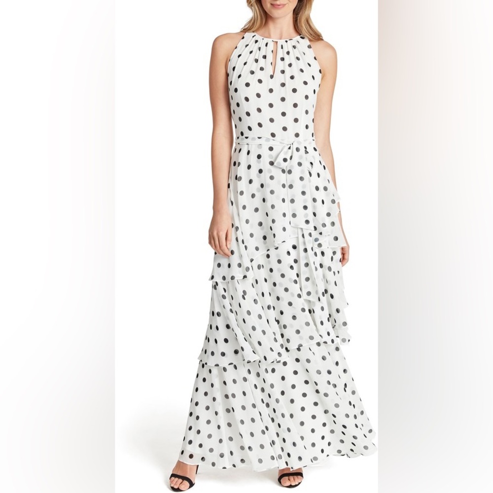 Tahari ASL Dot-Printed Tiered Chiffon Maxi DressI